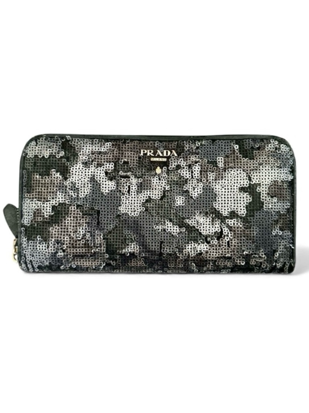 PRADA Black & Silver Sequin & Leather Camo Camouflage Large Zippy Wallet